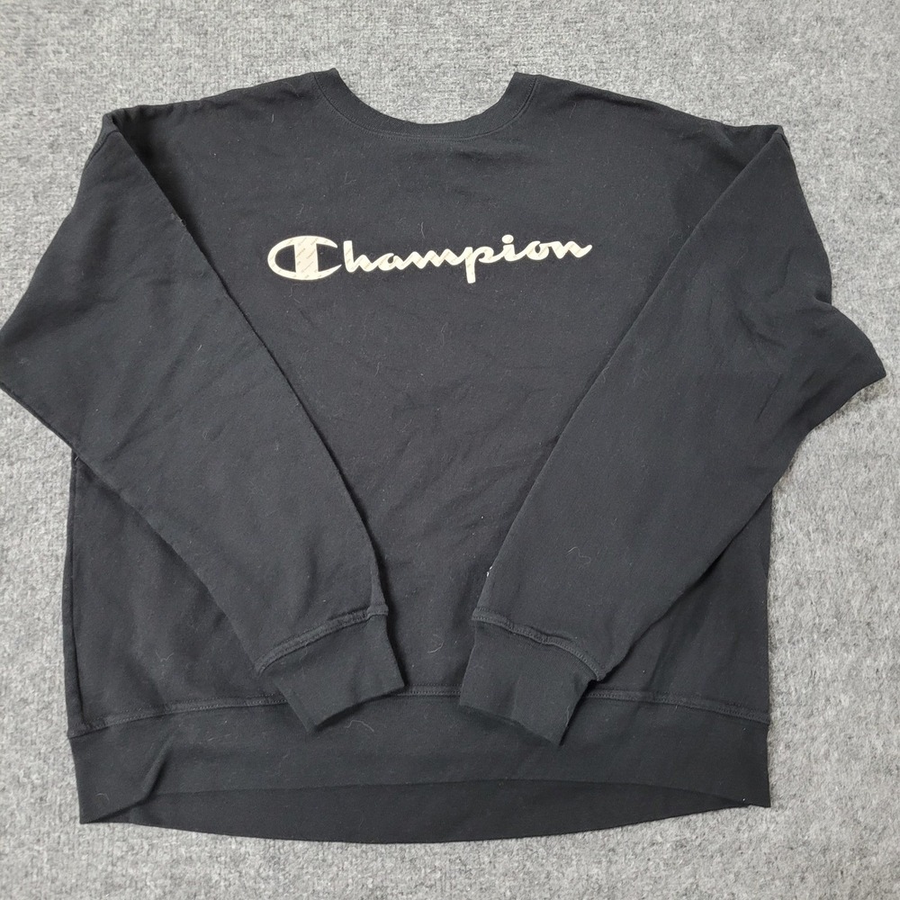Champion Sweatshirt Womens Size L Black Script Logo Crewneck Athletic Pullover